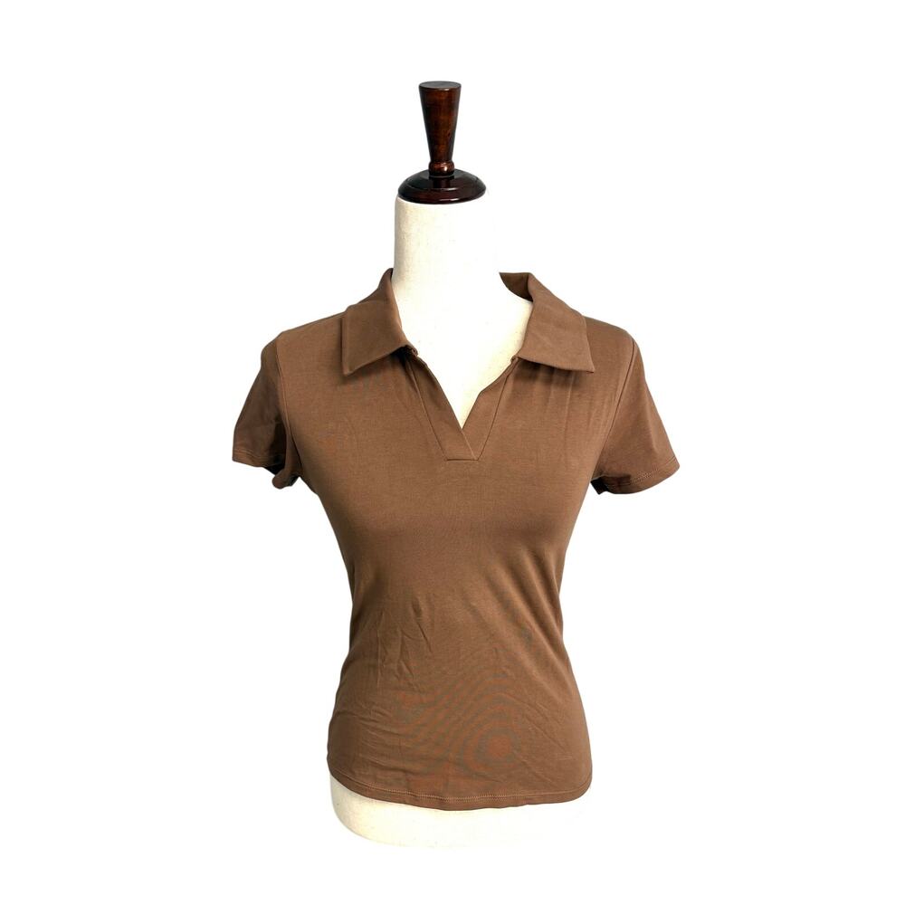 Halara active wear stretch short sleeve polo shirt brown women's size medium NWT